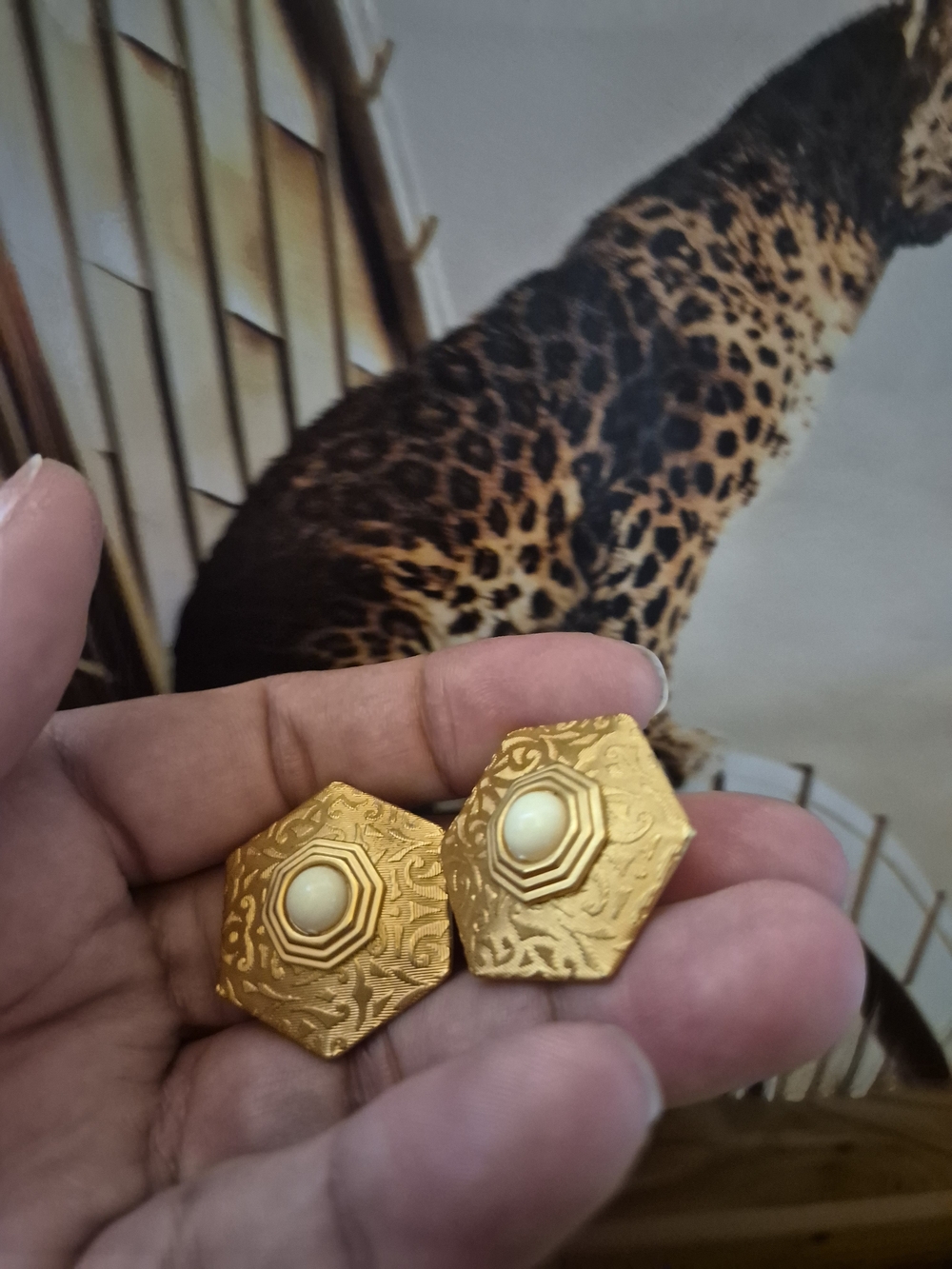 Vintage Gold Matte Tone Hexagonal Earrings with Cream Cabochons